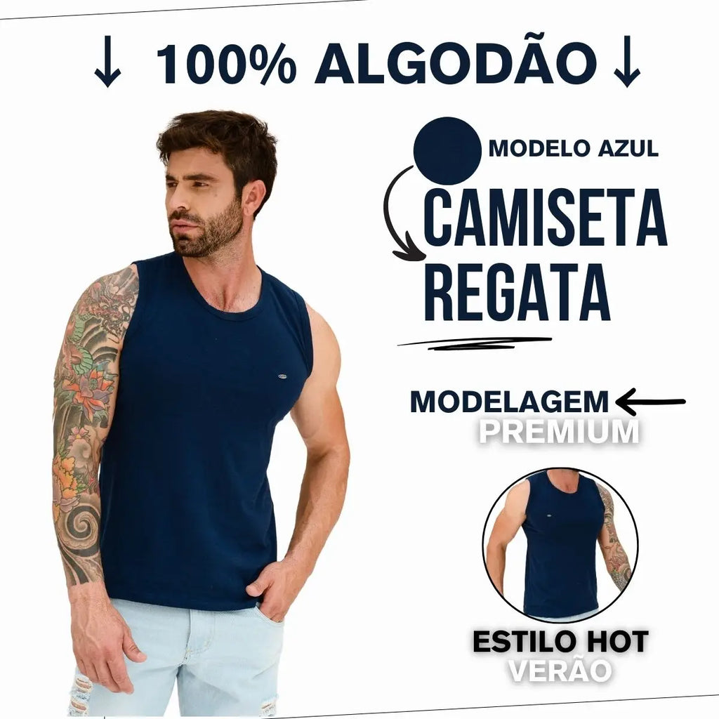 Camiseta Regata Masculina Azul Cotton Com Estilo Hot Verão