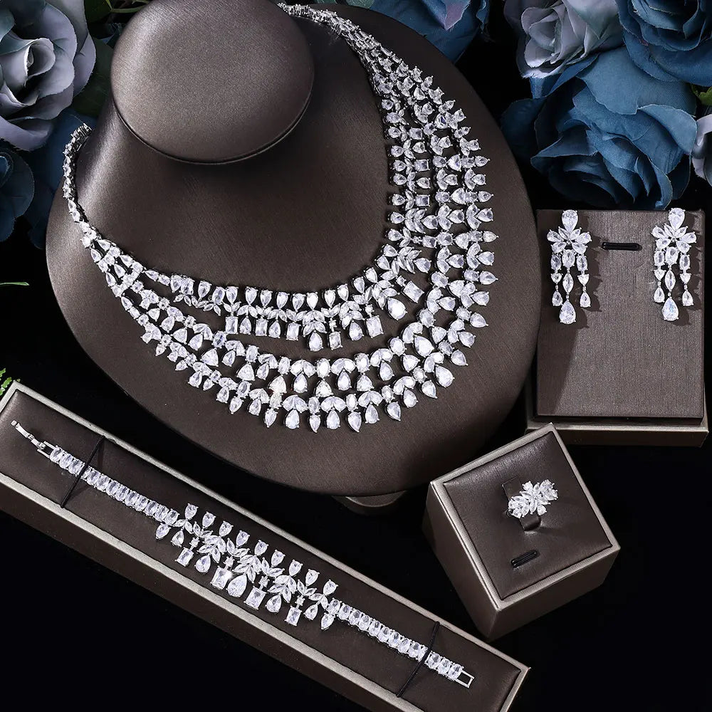 Luxury Dubai Wedding Bride 4PCS Full Set Jewelry Zirconia Double Layer Necklace Arabian White CZ Crystal Jewelry Set for Women