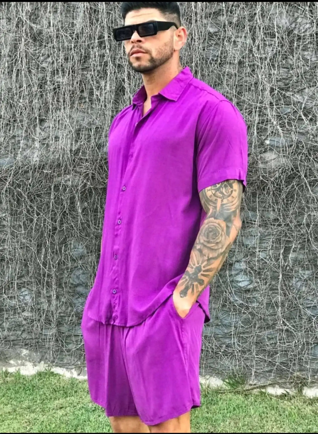 Solid Hawaiian Flower Shirt and Short Set Adult Men Viscose Fabric with Elastane