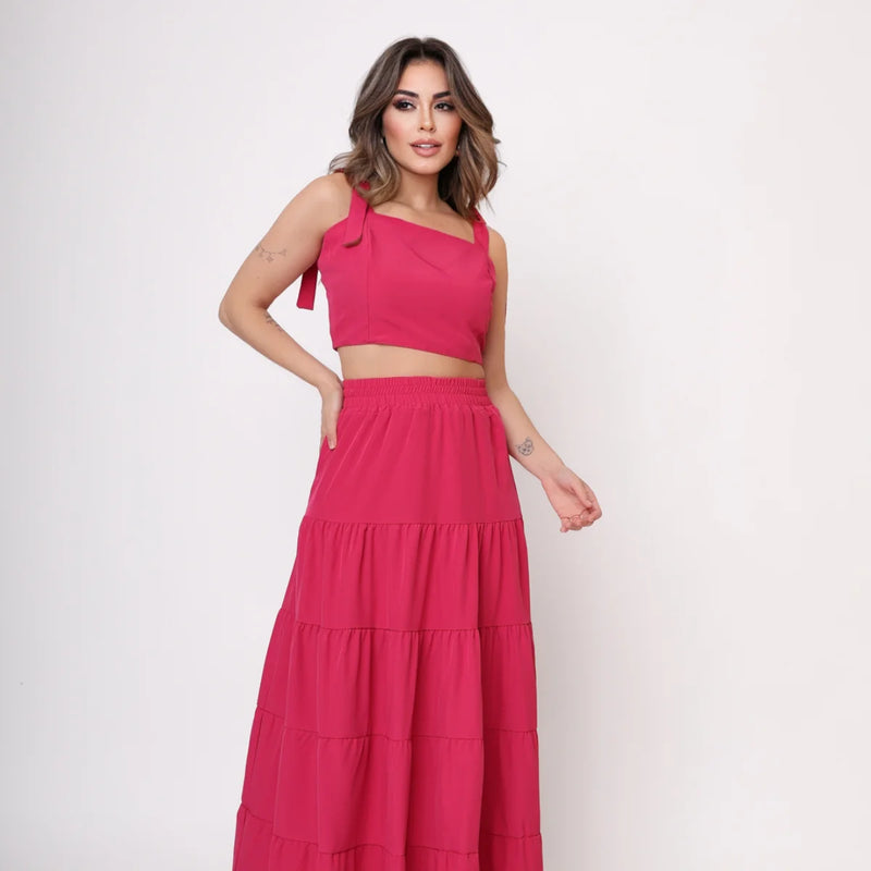 Conjunto Saia Longa e Cropped Com Lastex Nas Costas E Com Amarração