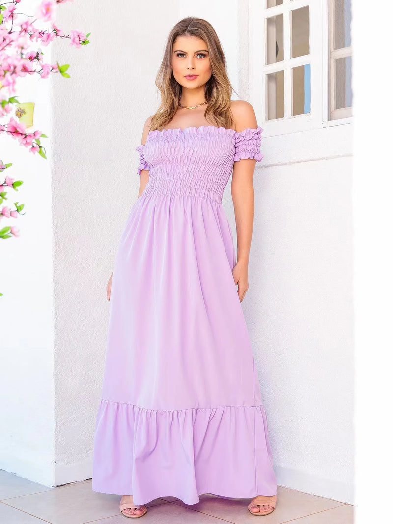 Long dress viscose viscolinho elastex shoulder to shoulder