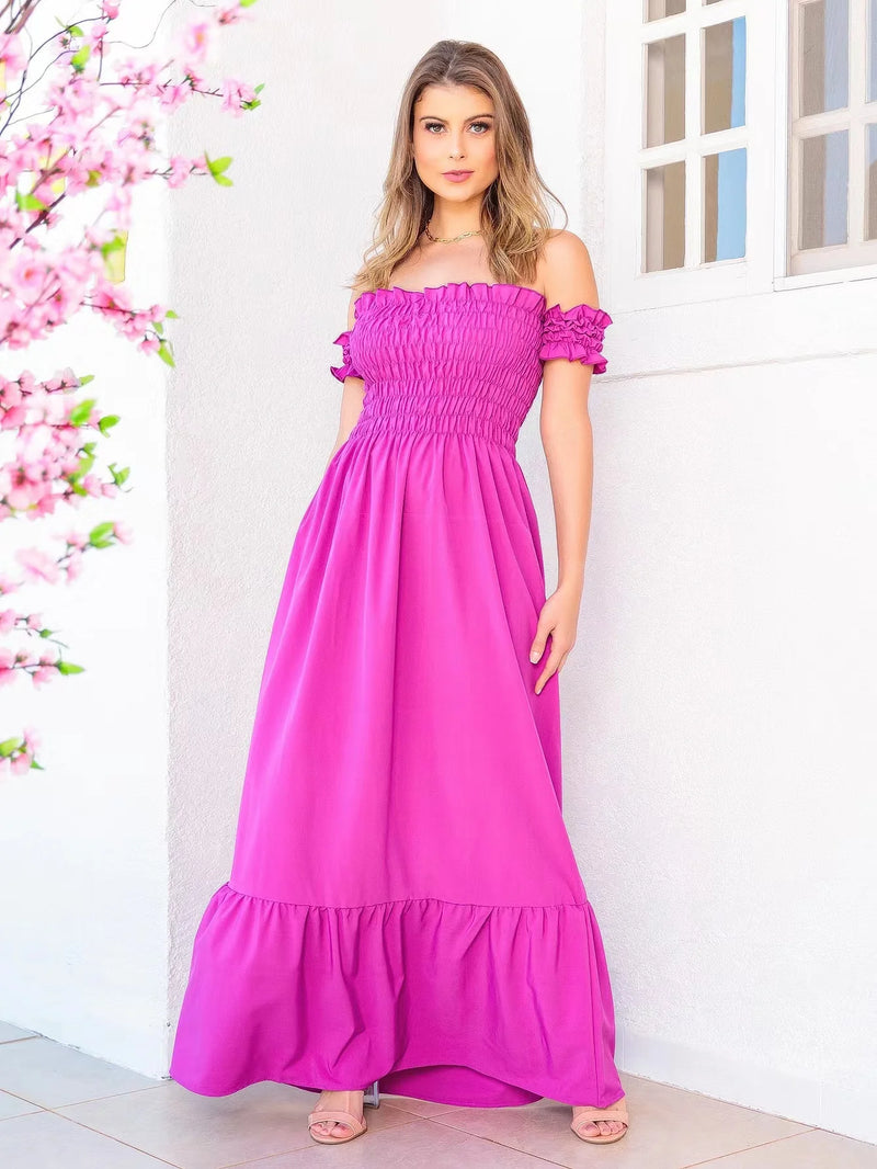 Long dress viscose viscolinho elastex shoulder to shoulder