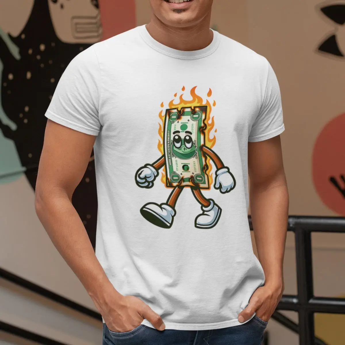 Basic Men's T-Shirt GuGi Burning Money In Flames Catching Fire 100% Cotton Premium CM01-510
