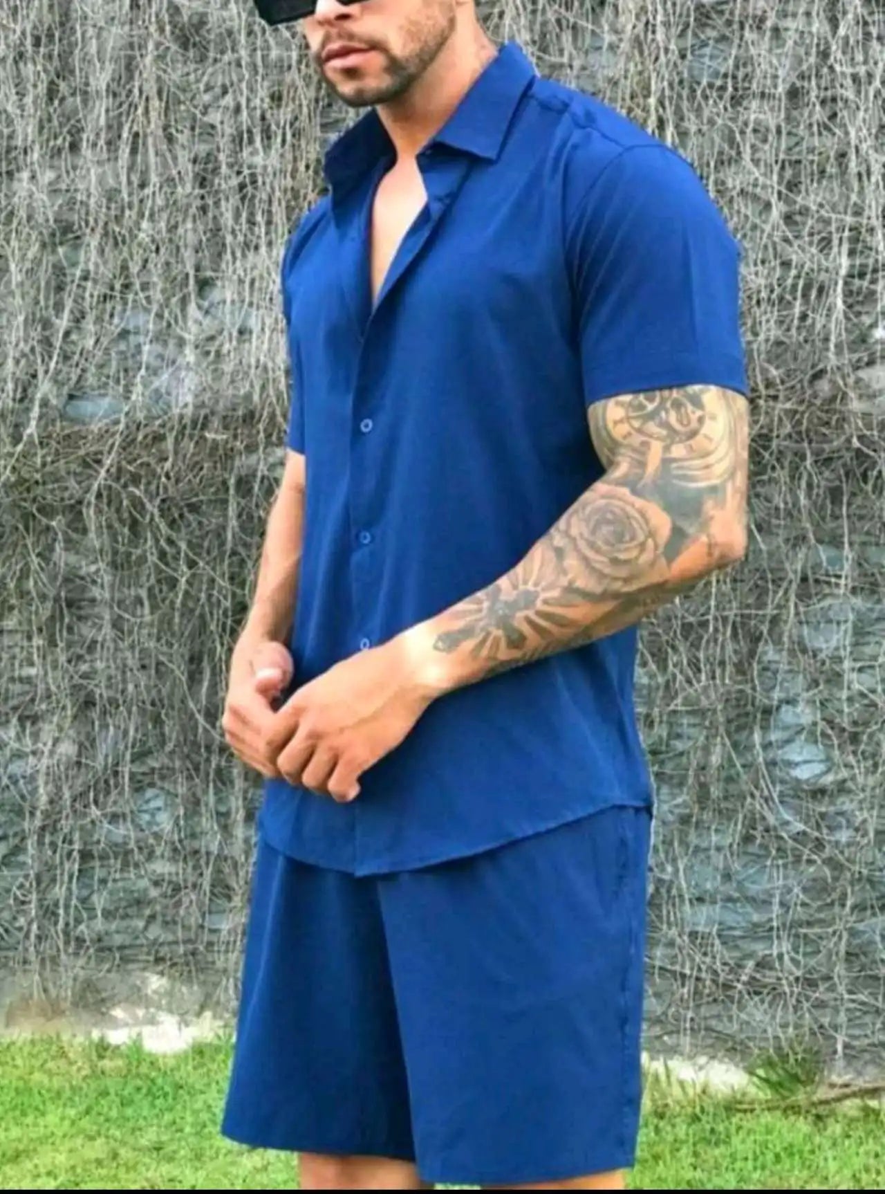 Solid Hawaiian Flower Shirt and Short Set Adult Men Viscose Fabric with Elastane