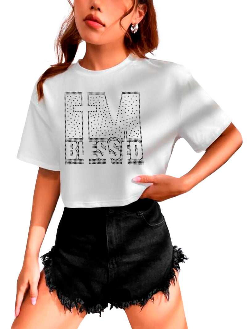 Cropped Oversize With Rhinestone Letter Pattern T-shirt Crop