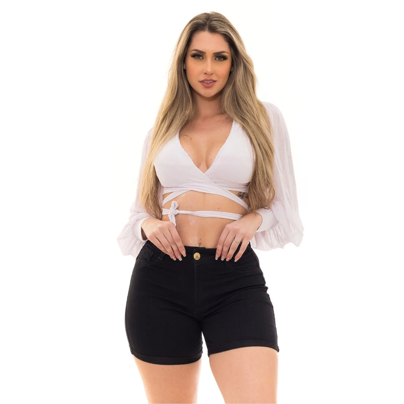 Bermuda Shorts Black Barra Dobrada Cintura Alta Premium
