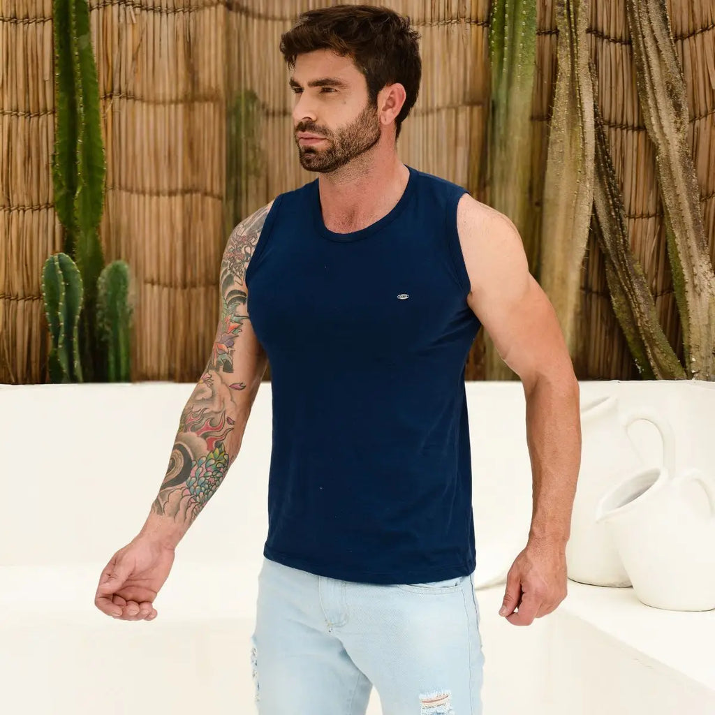 Camiseta Regata Masculina Azul Cotton Com Estilo Hot Verão