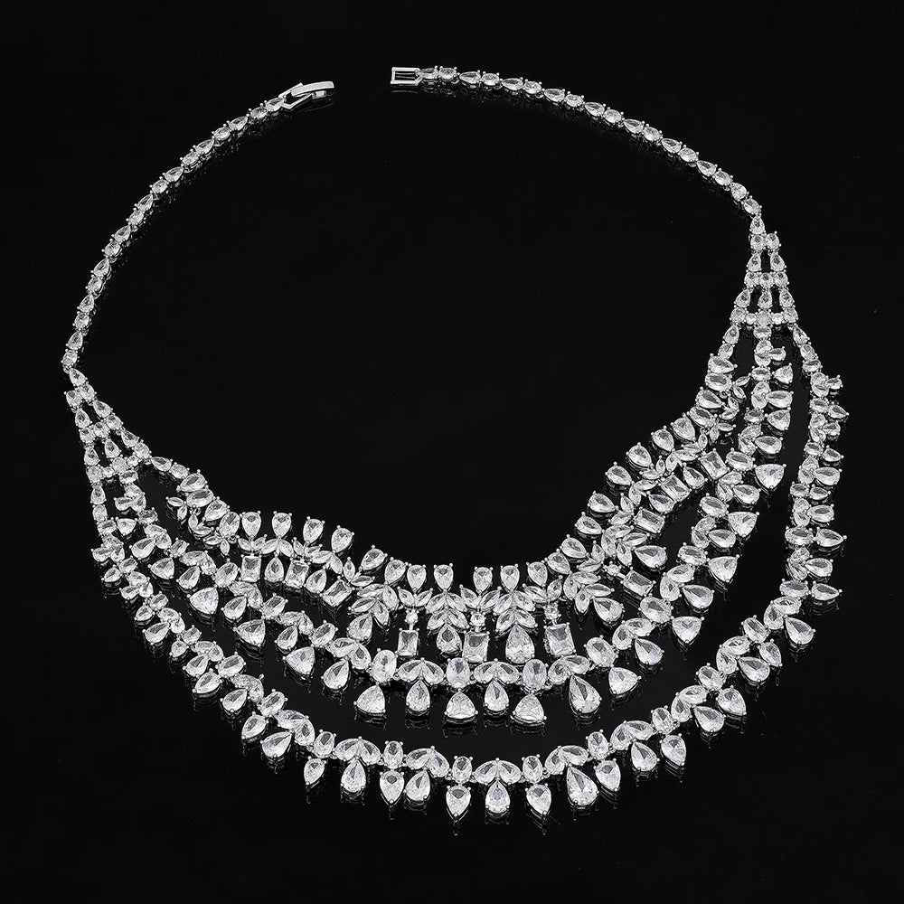 Luxury Dubai Wedding Bride 4PCS Full Set Jewelry Zirconia Double Layer Necklace Arabian White CZ Crystal Jewelry Set for Women