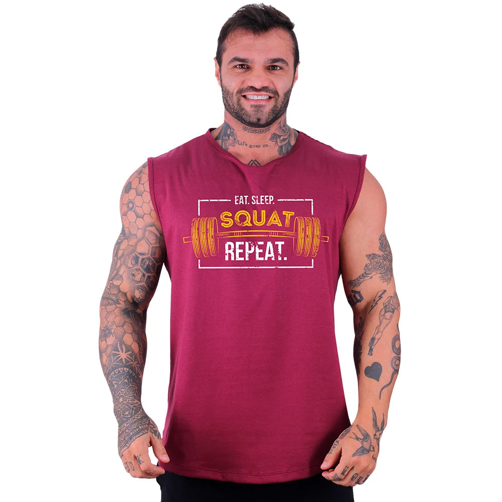 Regata Machão Longline Masculina MXD Conceito Estampada Eat Sleep Squat Repeat Treino Musculação Básica