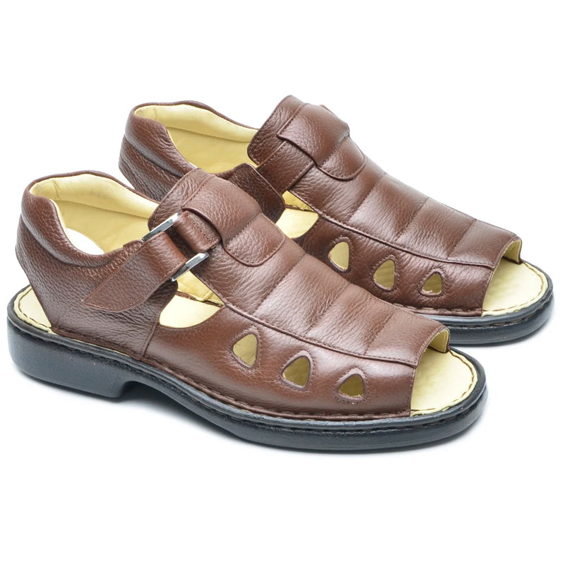 Sandalia Masculina Ortopédica de Couro Legítimo Marrom Palmilha Gel Air Confort Super Leve Confortável
