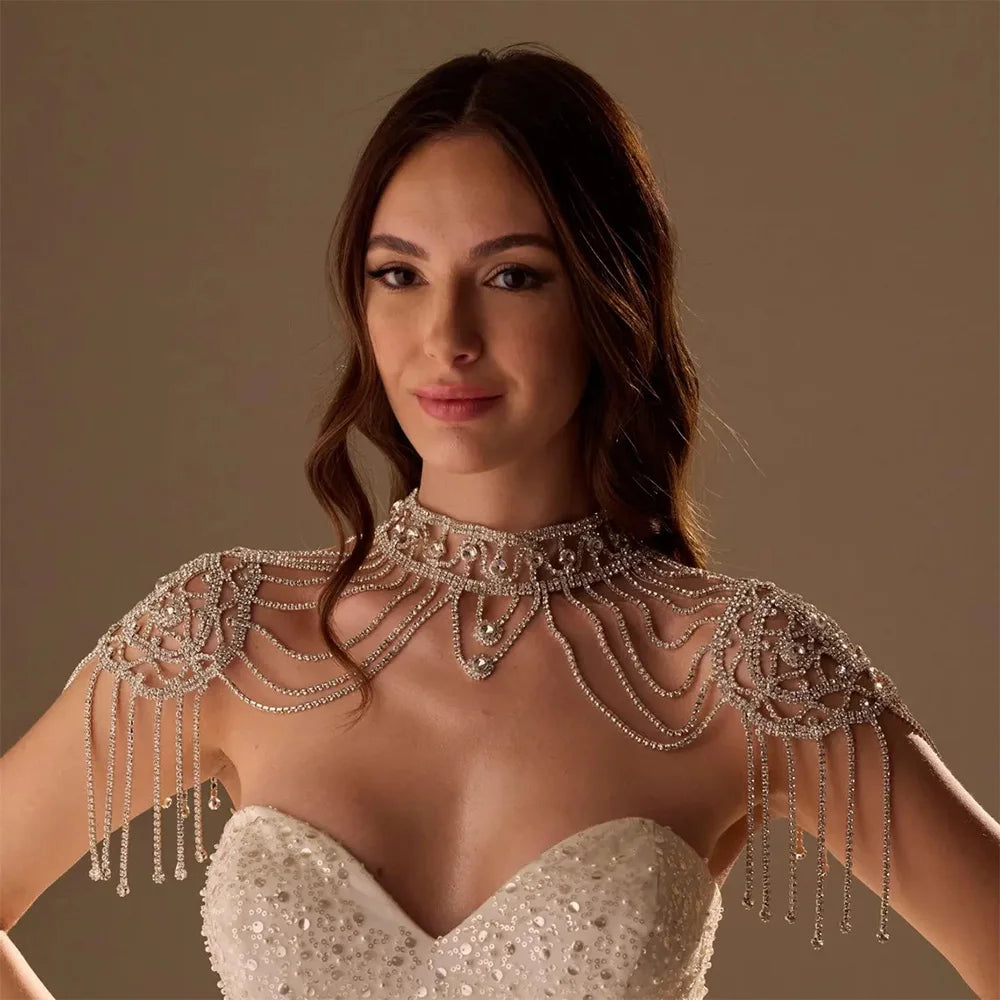StoneFans Luxury Rhinestone Bridal Body Necklace Color Cape Chain Top Wedding Jewelry Dresses Elegant Statement