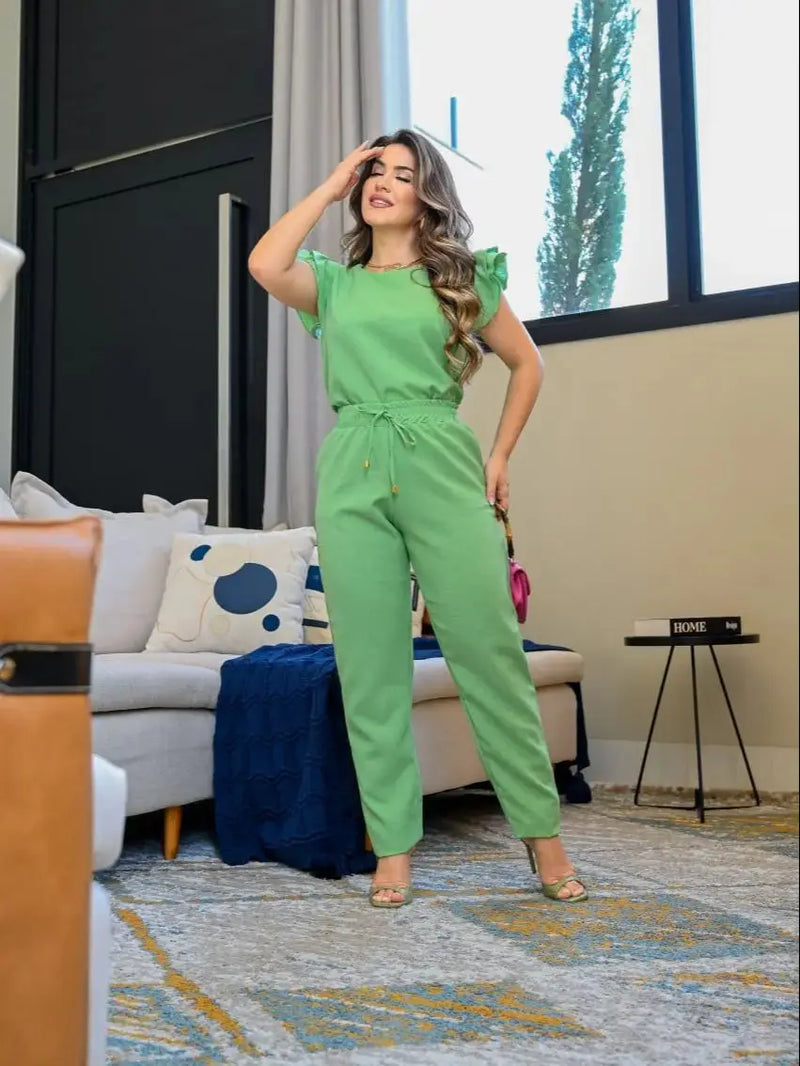 2 PCs New Fashion Women's Ruffled Blouse and Pants Suit Jumpsuit Office Print New Fashion Free Shipping