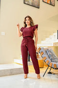2 PCs New Fashion Women's Ruffled Blouse and Pants Suit Jumpsuit Office Print New Fashion Free Shipping