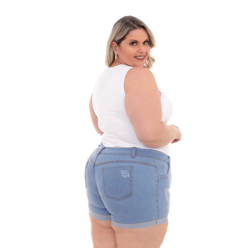 Women's Jeans Shorts Plus Size Light Blue With Frayed Folded Bar