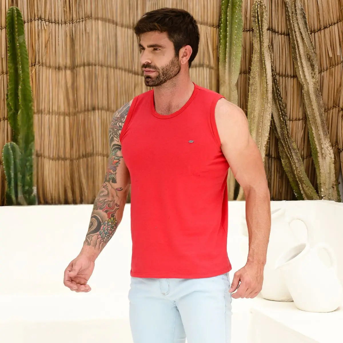 Camiseta Regata Masculina Vermelho Cotton Com Estilo Hot Verão