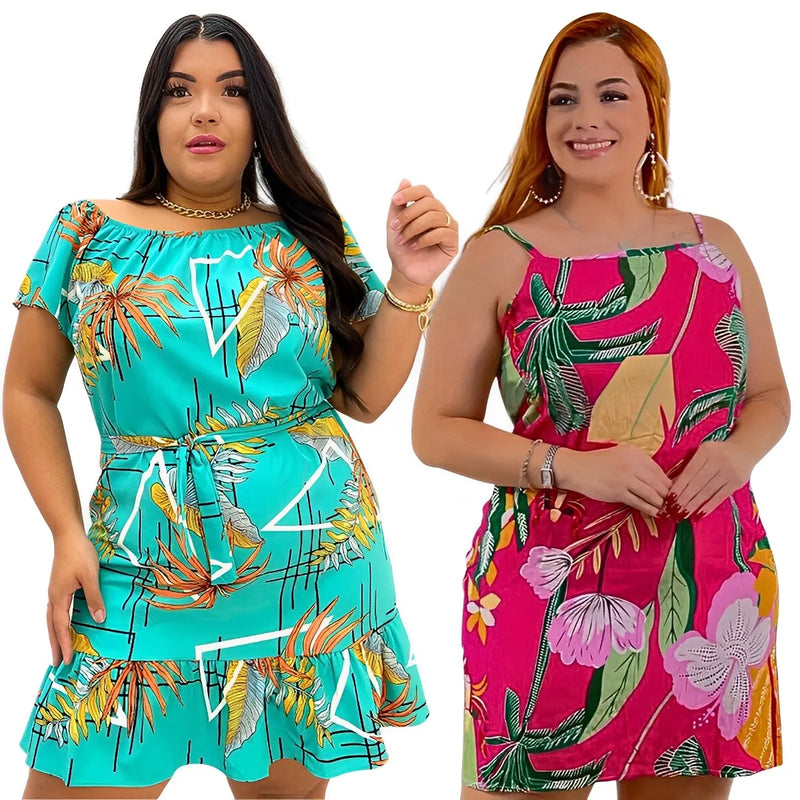 Kit 2 Plus Size Short Loose Dresses Viscose Assorted Prints