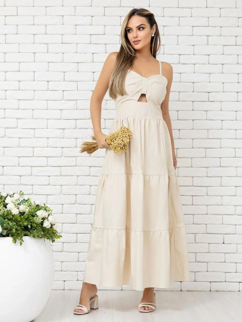 Women's Elegant Long Dress With Adjustable Strap With Bojo Party Tricoline Donna Martins