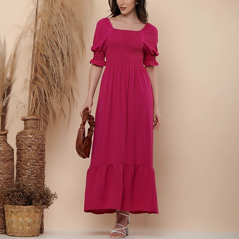 VESTIDO LONGO LISO DE Tecido DUNA Lastex com Manga 3/4