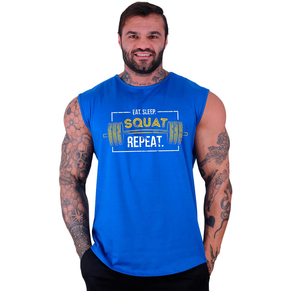 Regata Machão Longline Masculina MXD Conceito Estampada Eat Sleep Squat Repeat Treino Musculação Básica