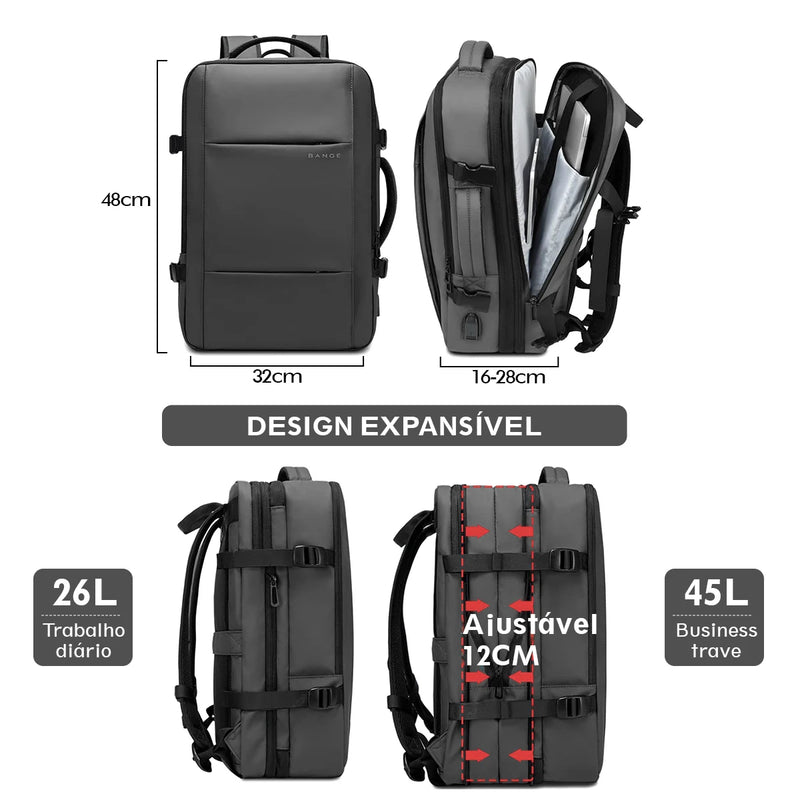 Large Capacity USB Expandable Travel Backpack for Men, Waterproof, Fashion School Bag, 17.3 Laptop Bag