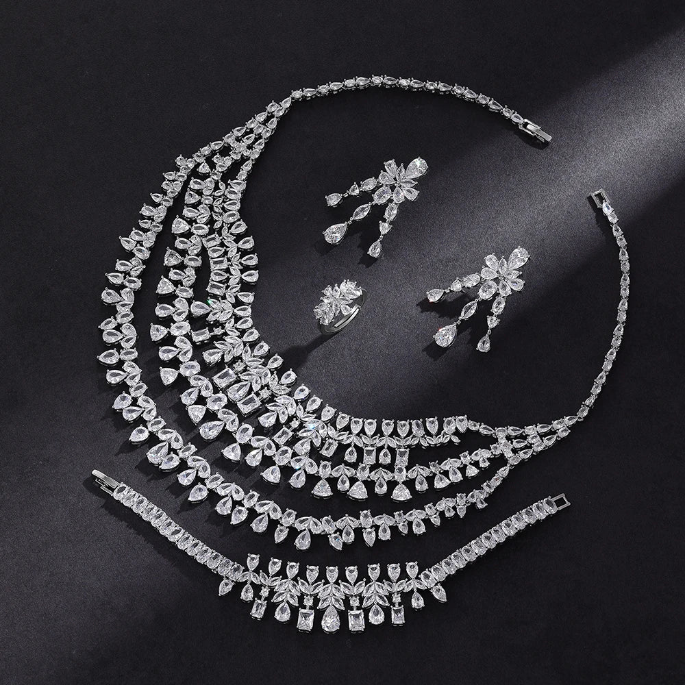 Luxury Dubai Wedding Bride 4PCS Full Set Jewelry Zirconia Double Layer Necklace Arabian White CZ Crystal Jewelry Set for Women