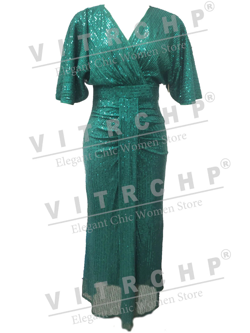 VITRCHP Batwing Sleeved Evening Dresses 2025 Mermaid Sexy V Neck Gown Prom Glitter Elegant Short Sleeves Long Party Dress
