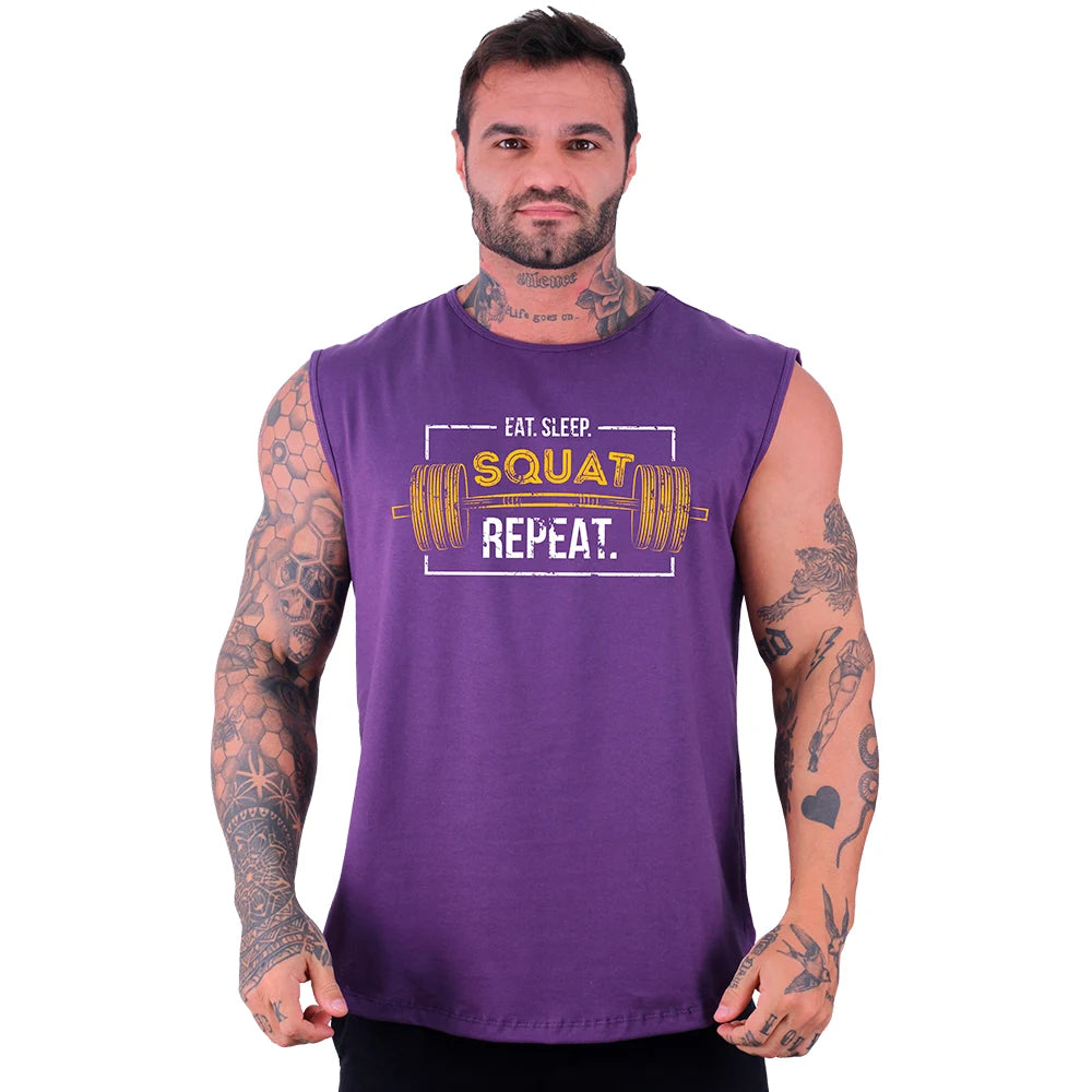 Regata Machão Longline Masculina MXD Conceito Estampada Eat Sleep Squat Repeat Treino Musculação Básica