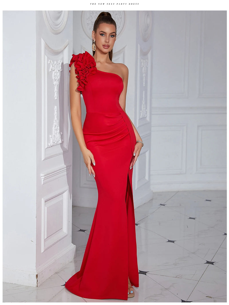 Vestido Alta fenda Um Ombro Para Mulheres Celebridade Noite Elegante Festa Sexy Babados Maxi Bodycon Vestidos Vestidos