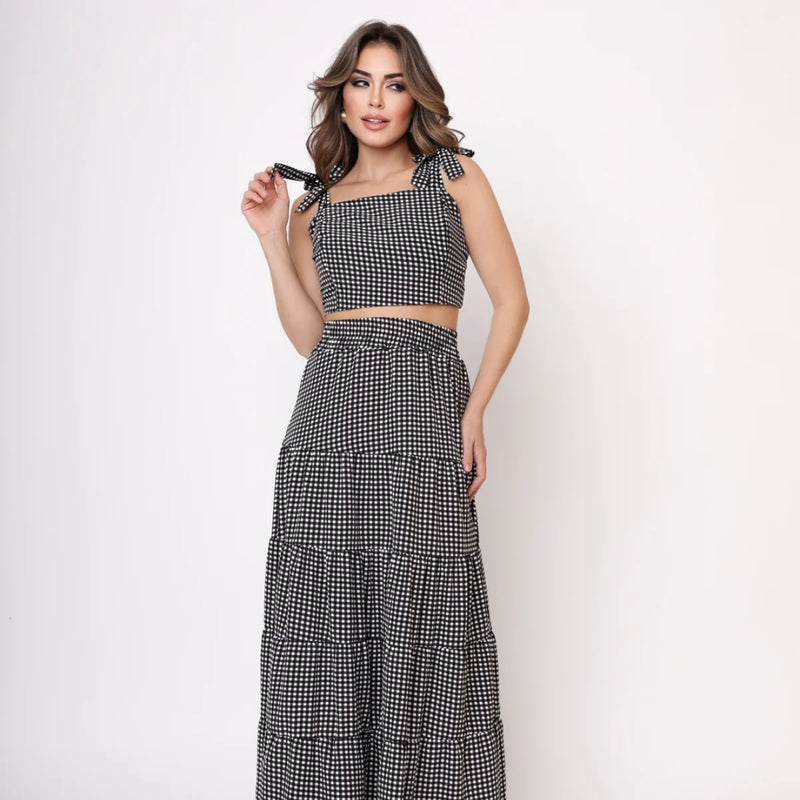 Conjunto Saia Longa e Cropped Com Lastex Nas Costas E Com Amarração