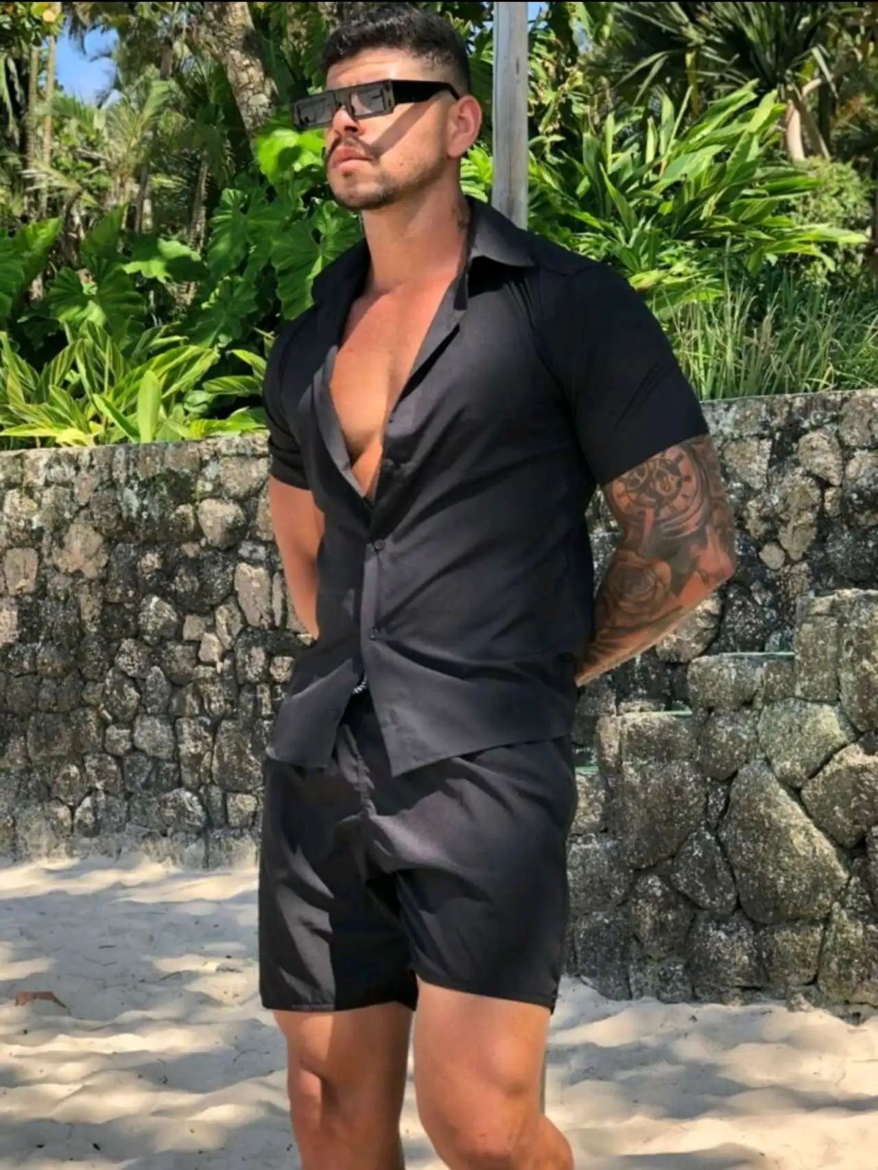 Solid Hawaiian Flower Shirt and Short Set Adult Men Viscose Fabric with Elastane