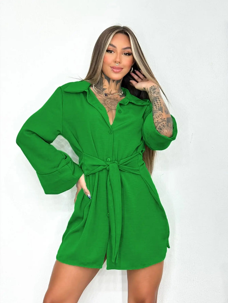 Chemise Long Sleeve Shirt Dress With Belt
