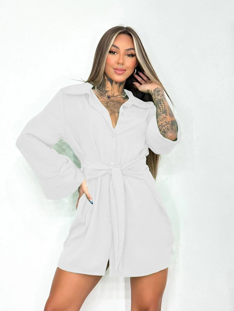 Chemise Long Sleeve Shirt Dress With Belt