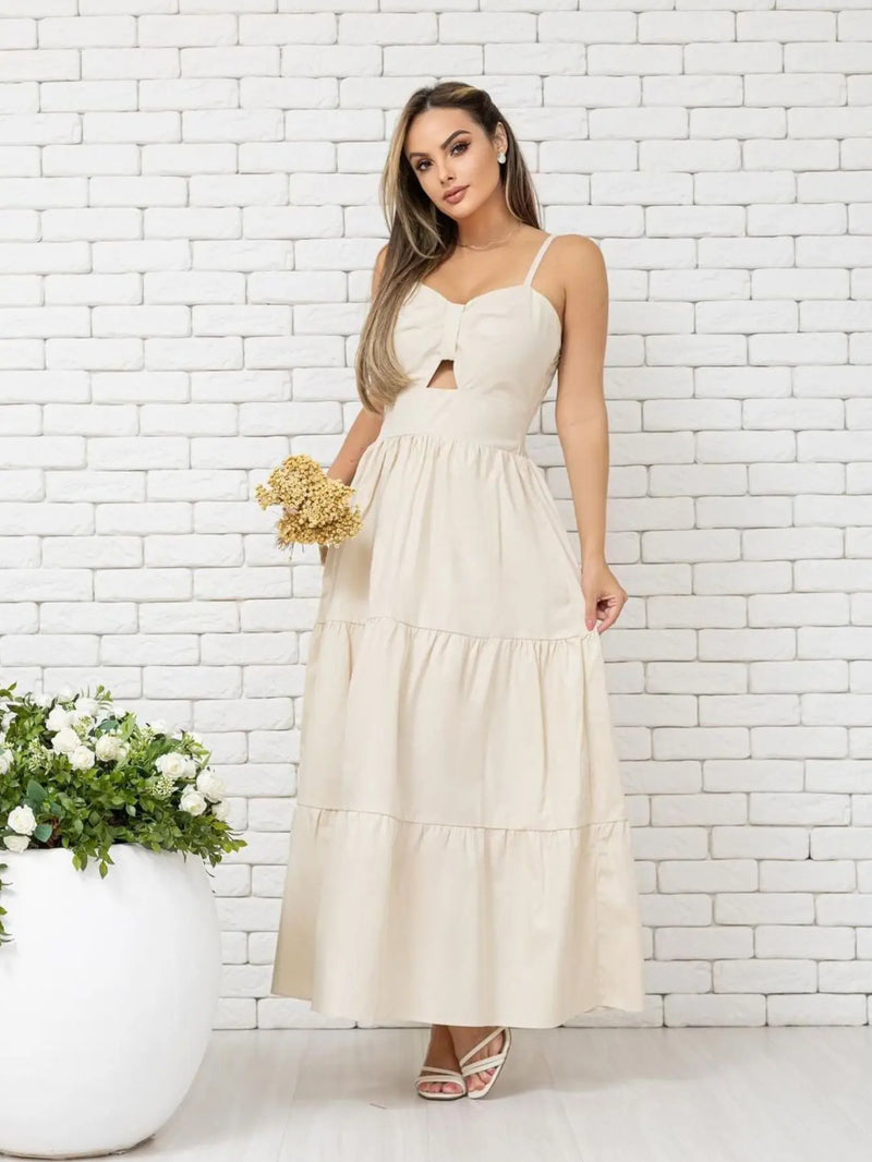 Women's Elegant Long Dress With Adjustable Strap With Bojo Party Tricoline Donna Martins