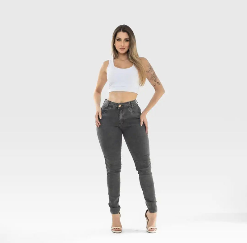 Women's Gray Graphite Stained Marmalized Fashion Casual Mid-Waist Jeans