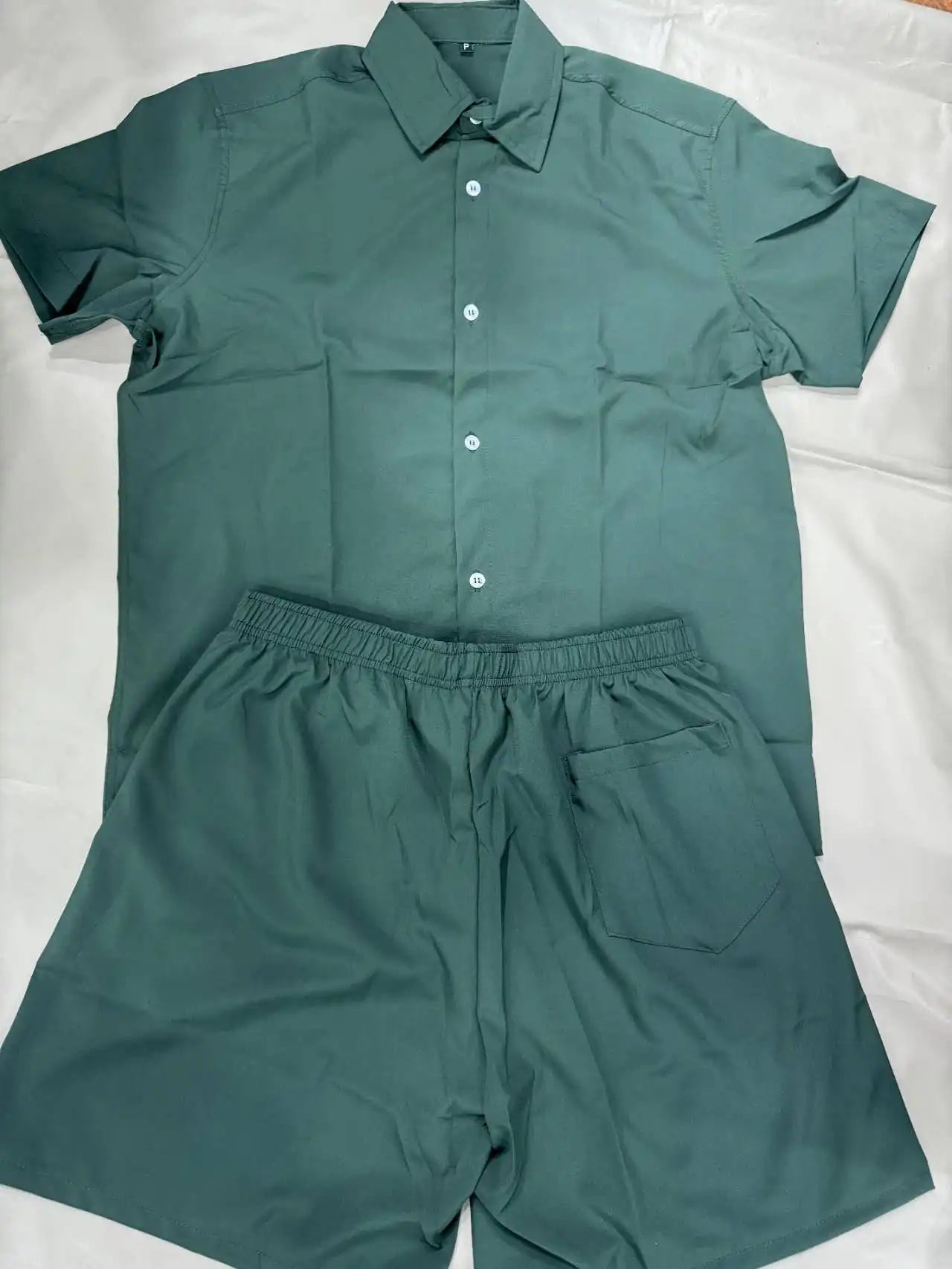 Solid Hawaiian Flower Shirt and Short Set Adult Men Viscose Fabric with Elastane