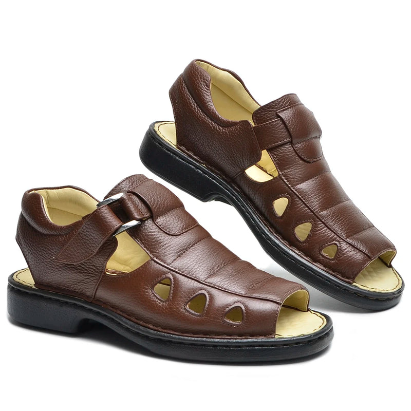 Sandalia Masculina Ortopédica de Couro Legítimo Marrom Palmilha Gel Air Confort Super Leve Confortável