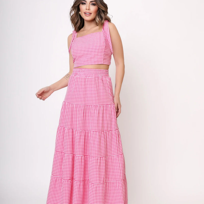 Conjunto Saia Longa e Cropped Com Lastex Nas Costas E Com Amarração