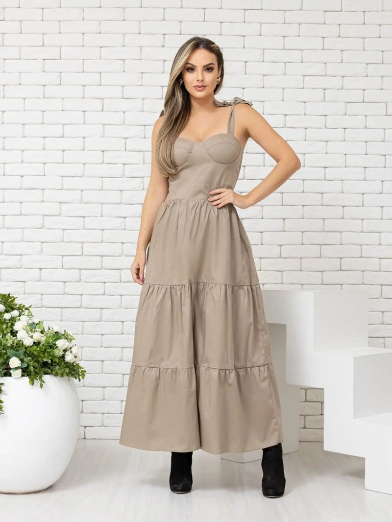 Women's Elegant Long Dress With Adjustable Strap With Bojo Party Tricoline Donna Martins