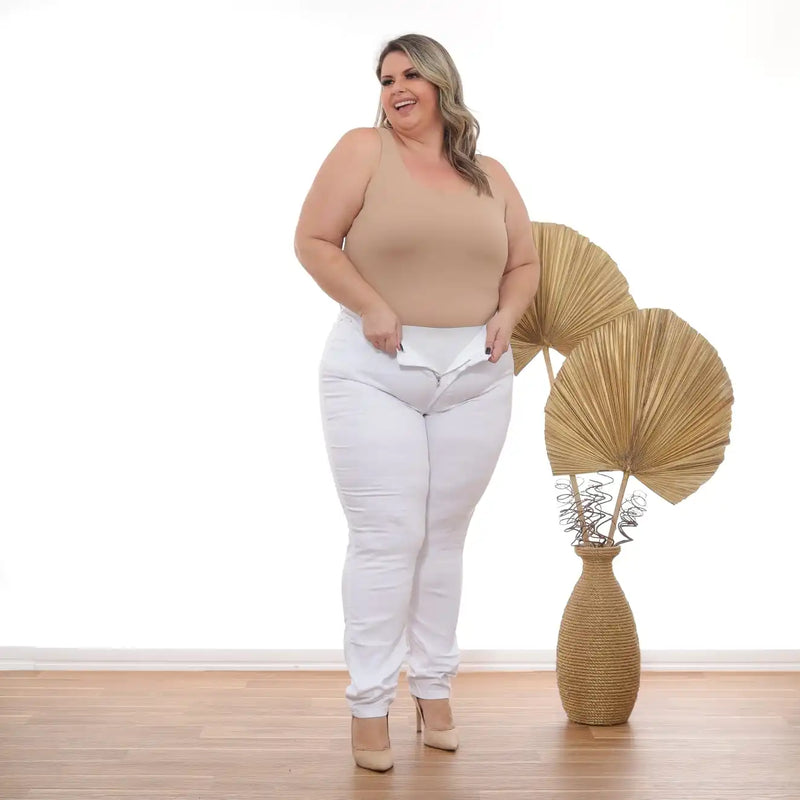 Women's Plus Size White High Waist Pants With Premium Lipo Strap