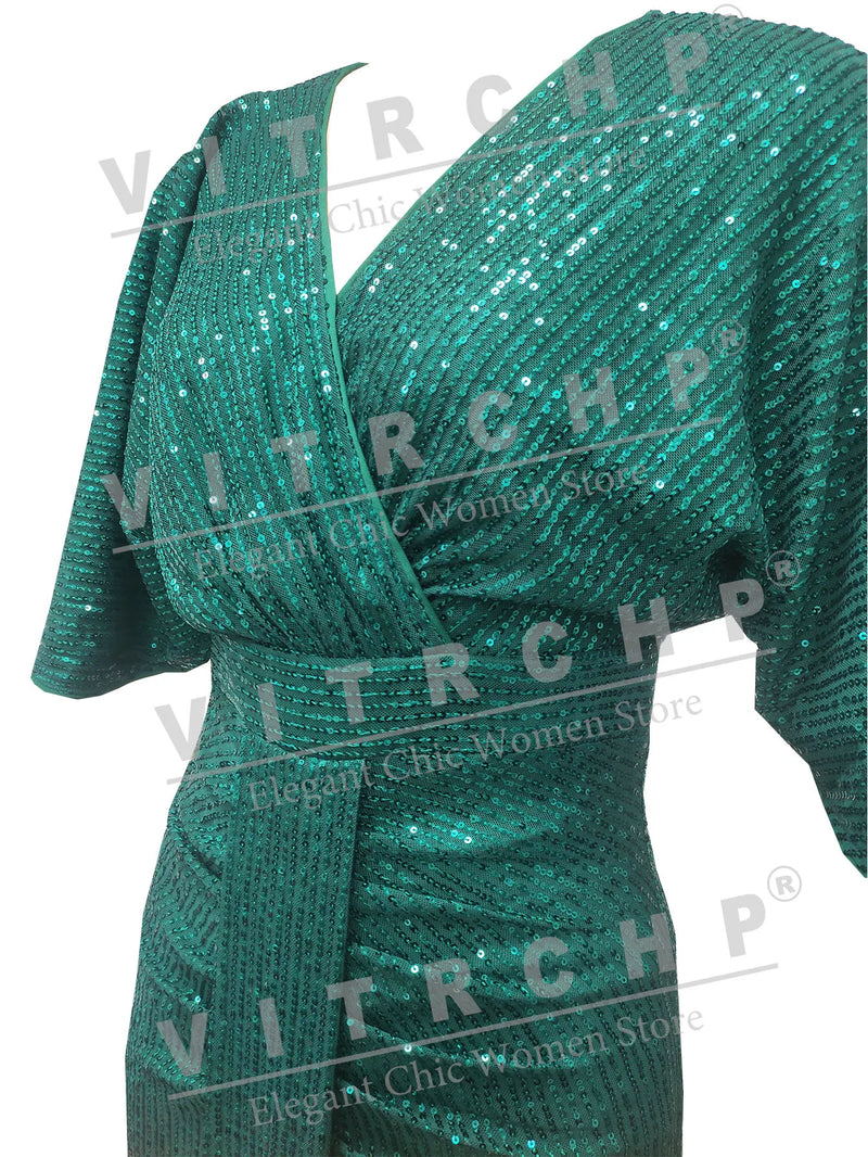 VITRCHP Batwing Sleeved Evening Dresses 2025 Mermaid Sexy V Neck Gown Prom Glitter Elegant Short Sleeves Long Party Dress