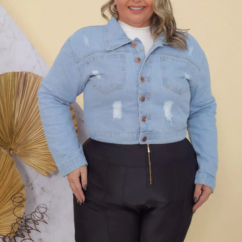 Jaqueta Jeans Plus Size Lavagem Azul Clara Feminina Casual Tecido Premium