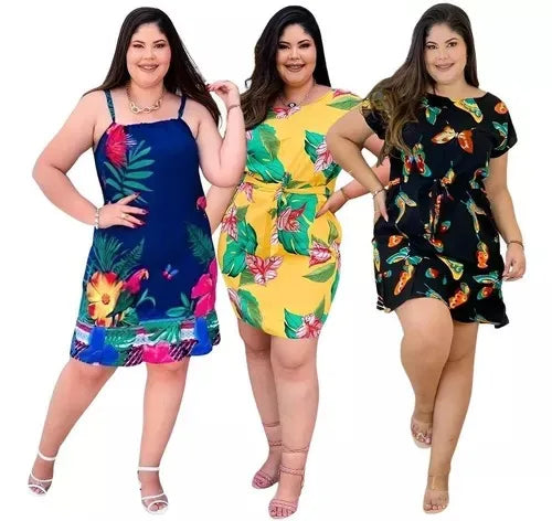 Kit 2 Plus Size Short Loose Dresses Viscose Assorted Prints