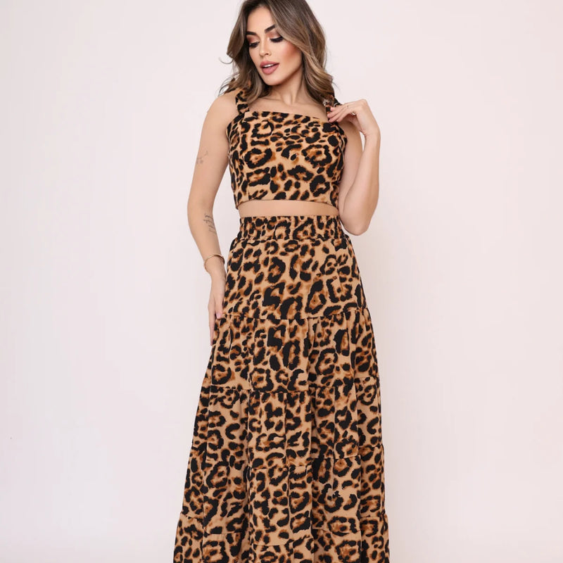 Conjunto Saia Longa e Cropped Com Lastex Nas Costas E Com Amarração