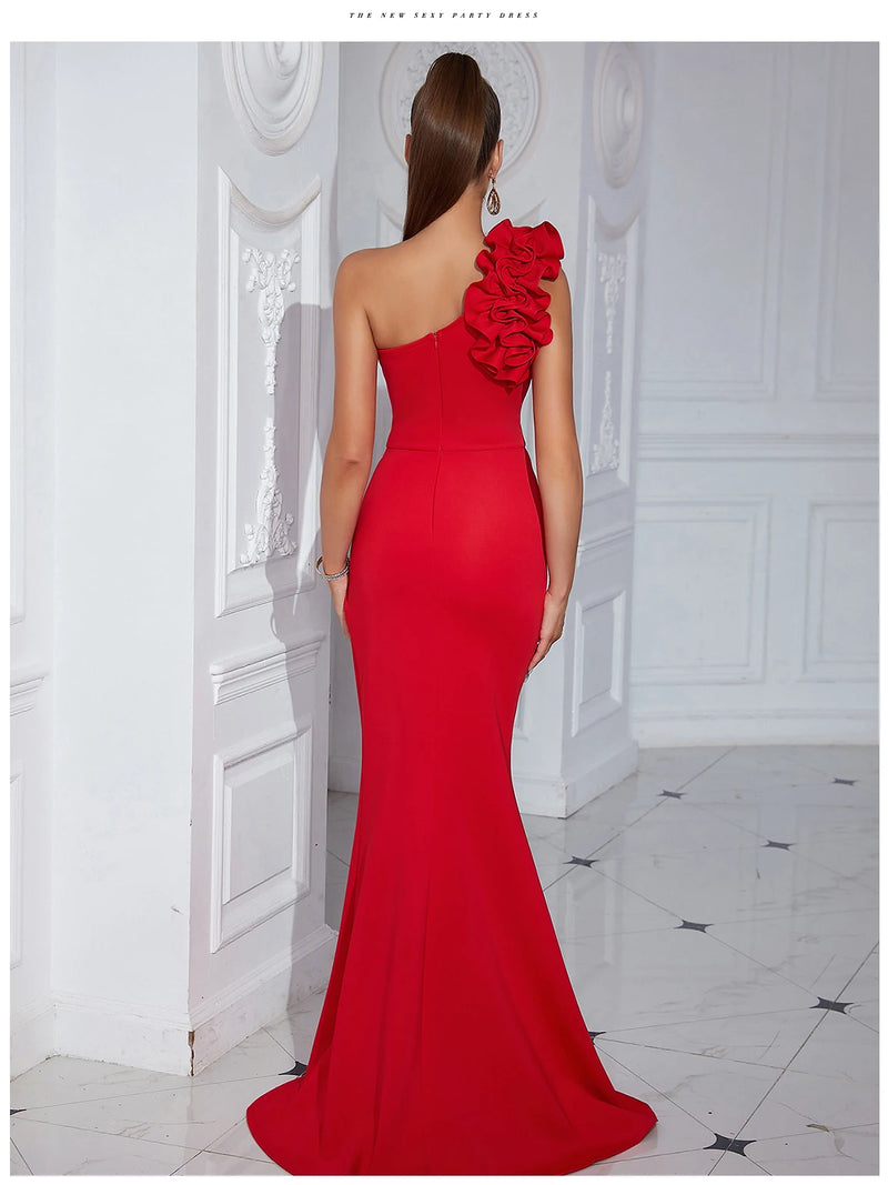 Vestido Alta fenda Um Ombro Para Mulheres Celebridade Noite Elegante Festa Sexy Babados Maxi Bodycon Vestidos Vestidos