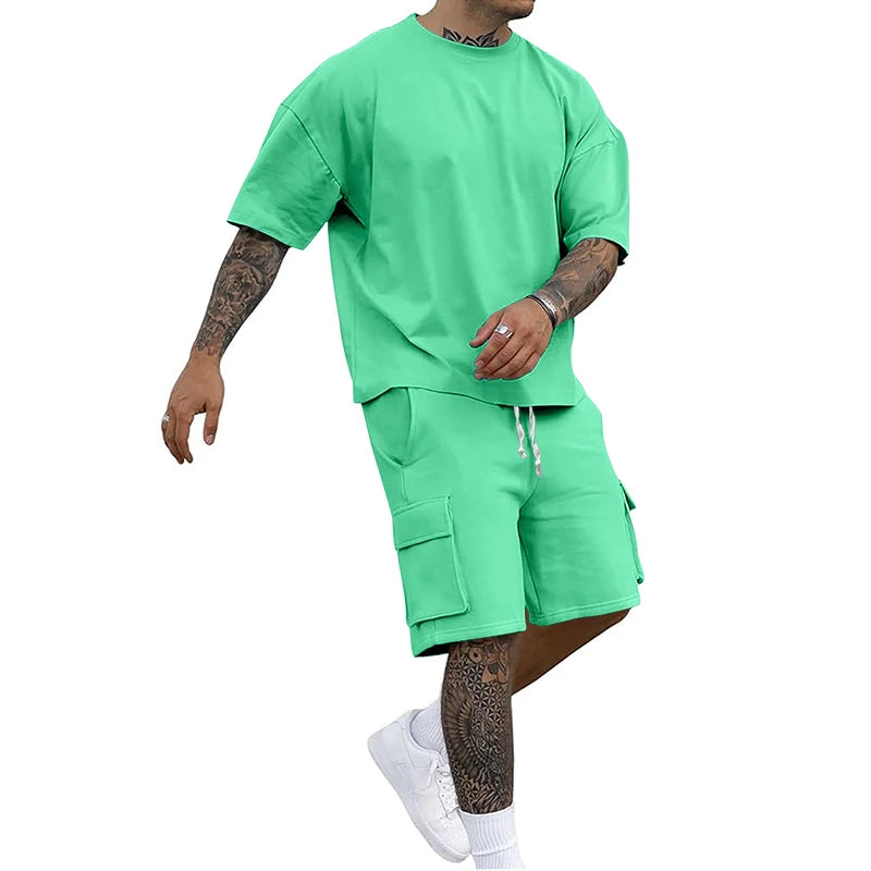 Conjunto gola redonda manga curta camiseta camisa shorts terno de duas peças solto tamanho grande gelo