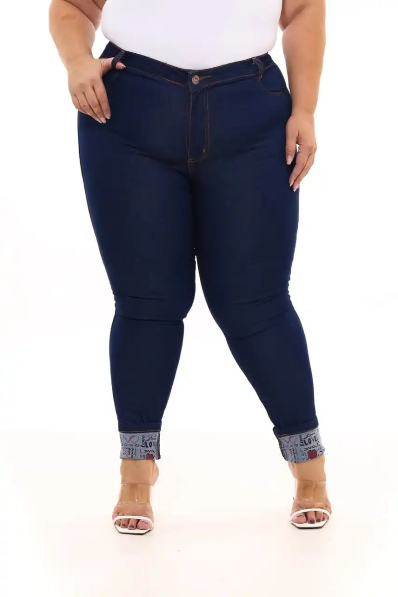 Women's Jeans Plus Size Skinny Dark Blue Printed Folded Bar Jeans