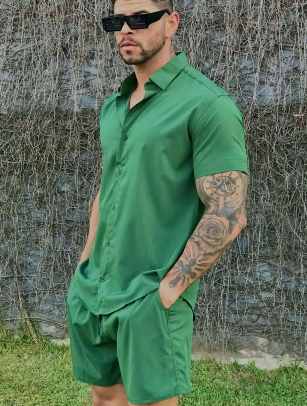 Solid Hawaiian Flower Shirt and Short Set Adult Men Viscose Fabric with Elastane