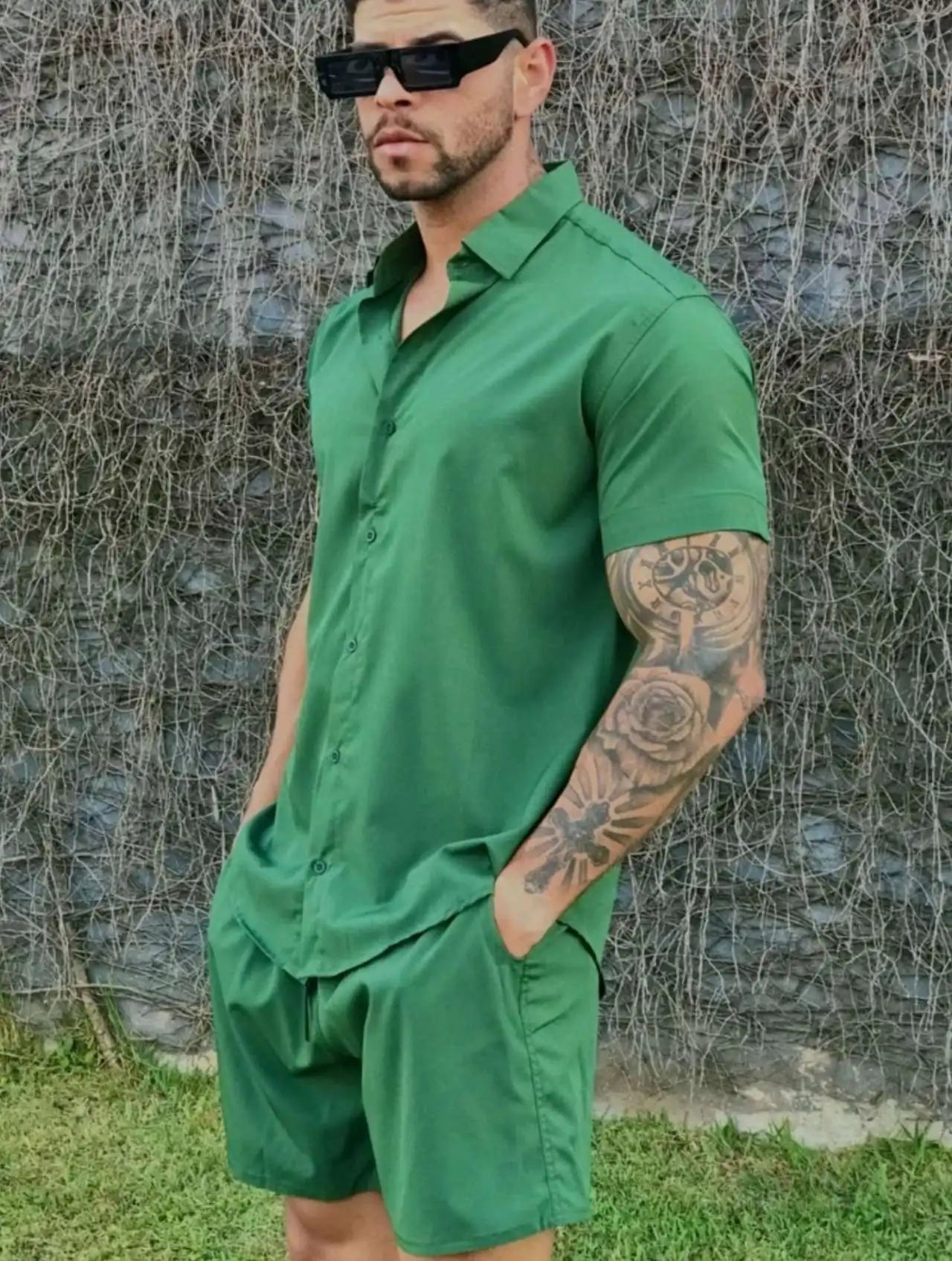 Solid Hawaiian Flower Shirt and Short Set Adult Men Viscose Fabric with Elastane