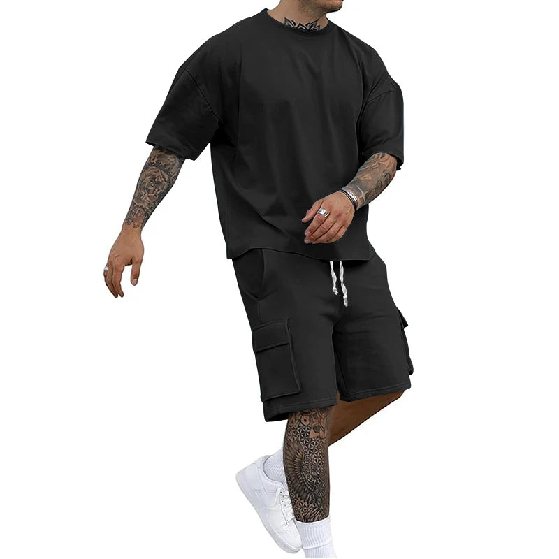 Conjunto gola redonda manga curta camiseta camisa shorts terno de duas peças solto tamanho grande gelo