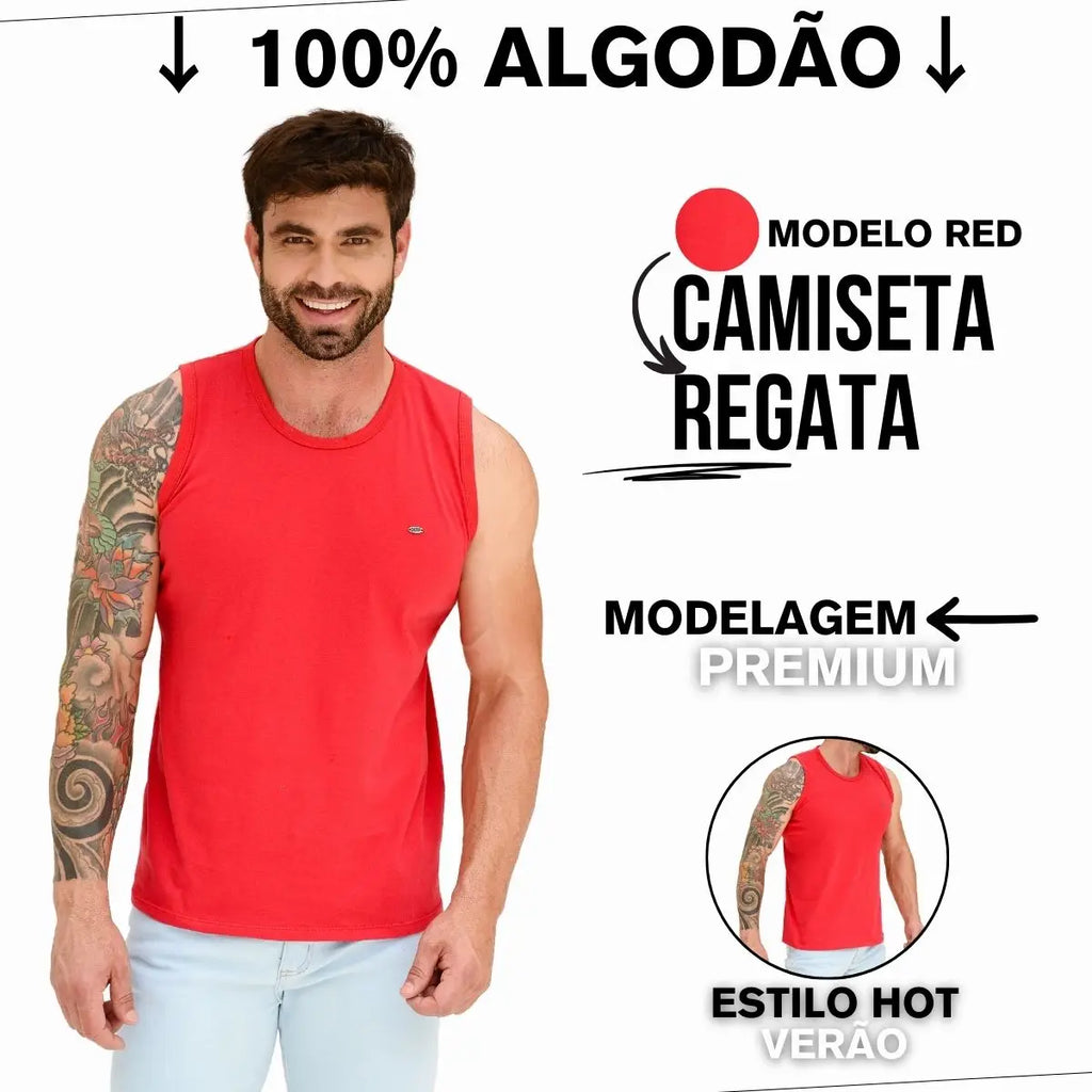 Camiseta Regata Masculina Vermelho Cotton Com Estilo Hot Verão